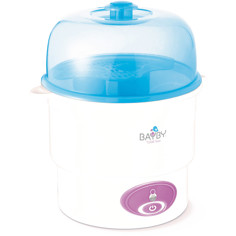 Elektrick steriliztor na detsk fľae značky Bayby s obsluhou pomocou jednho tlačidla