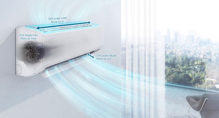 Samsung klimatizcia, ktor ochladzuje izbu a poukazuje na svoje efektvnejie fungovanie.
