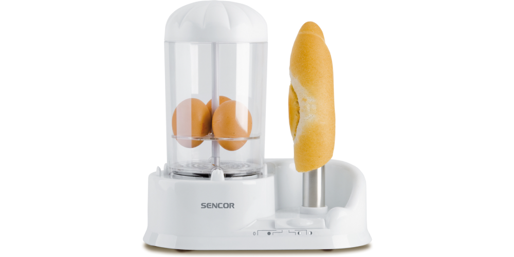 Hotdogovač značky Sencor so pecilnym nadstavcom pre ohrievanie vajec.