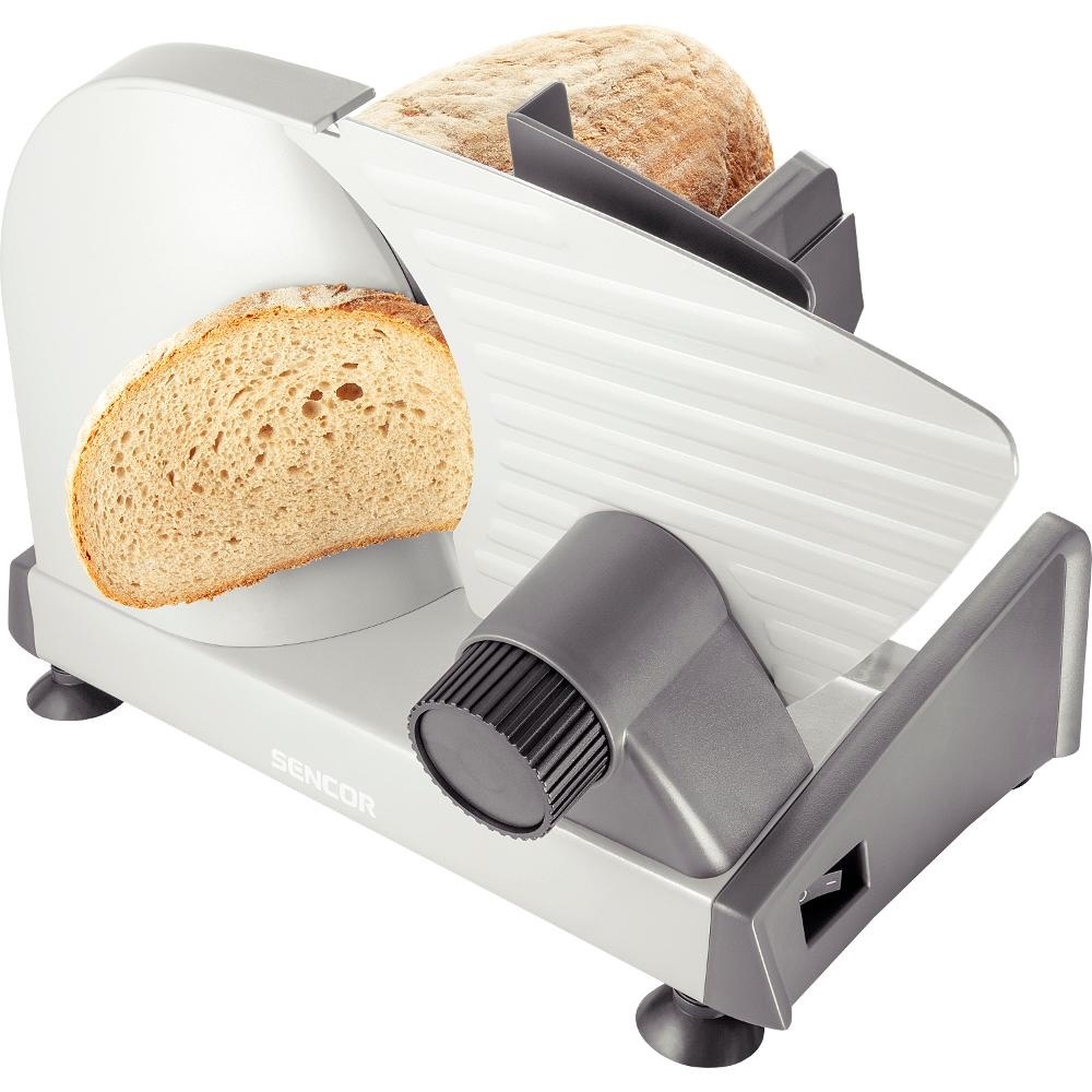 Elektrický krájač Sencor s príkonom 150 W si poradí s krájaním chleba, syrov ale aj údenín.