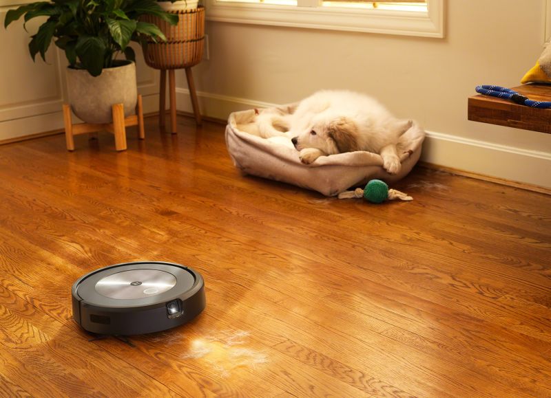 Smart vysávač vysávajúci chlpy zo psa na plávajúcej podlahe.
