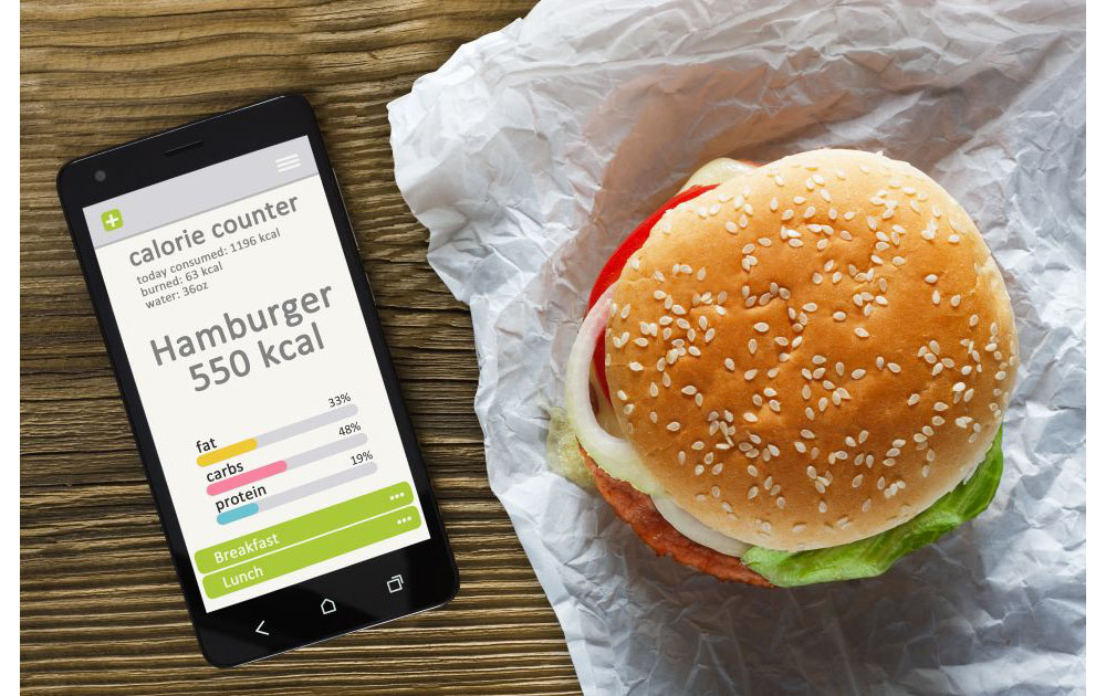 Smart kalorická tabuľka, ktorá zobrazuje kalórie v hamburgeri 