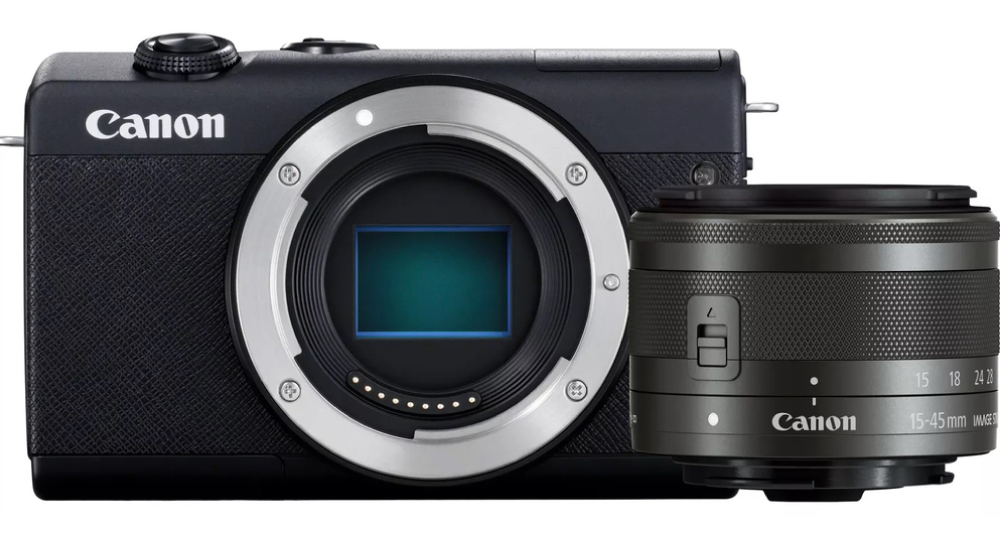 Kompaktný fotoaparát s vymeniteľným objektívom Canon.